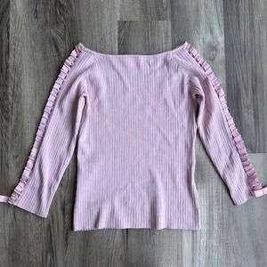 Vintage y2k Pink Ribbed Crochet Long Sleeve Top‎ M Silk Blend Boat Neck Ribbon
